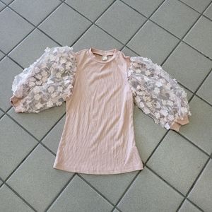Women's Size XS Pink Floral Applique Mesh Puff Sleeves Blouse Elegant Pretty!